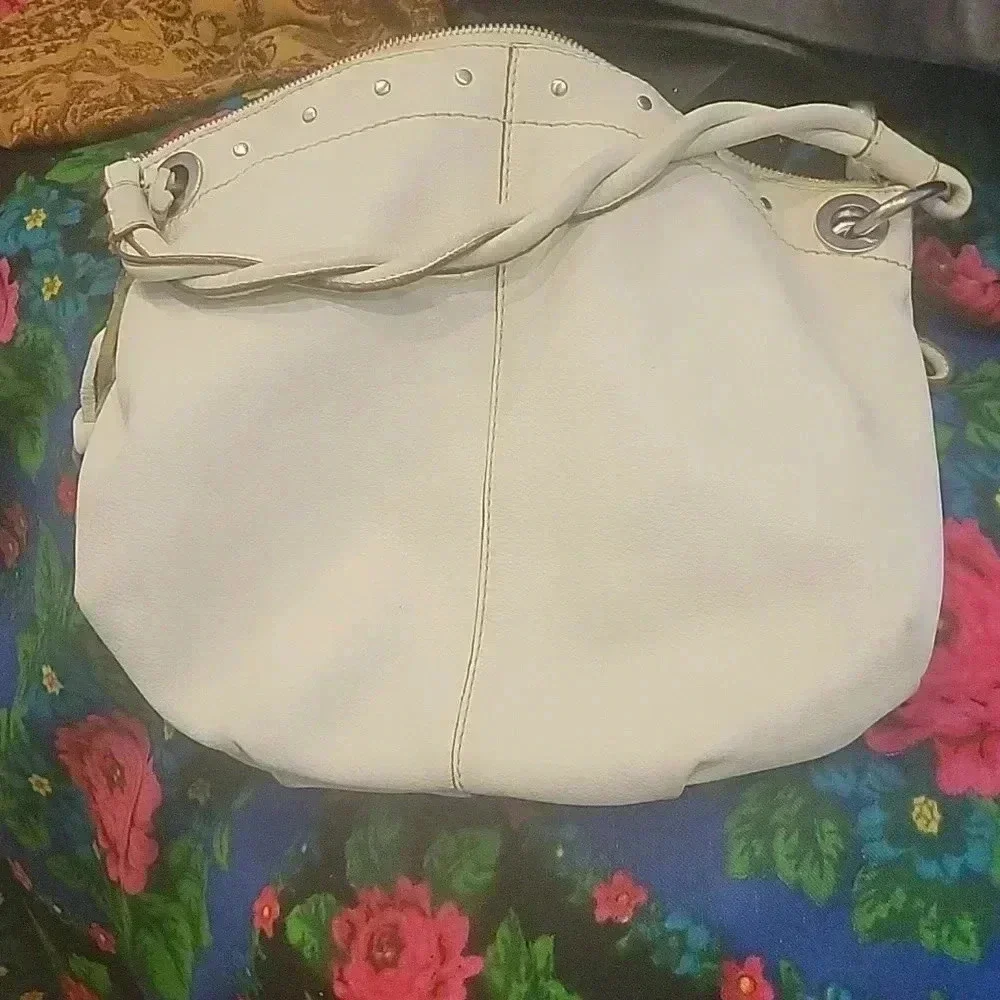 Fossil Hobo Bag Braided Handle Metallic Studs Grommets Genuine Leather Cream